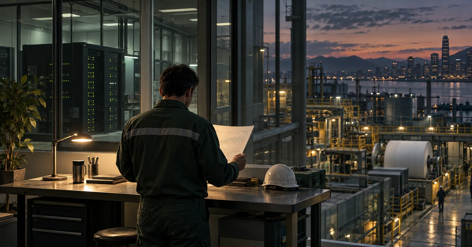 An engineer reads a production report inside an industrial facility, near an on-site computer room and a window overlooking the city.